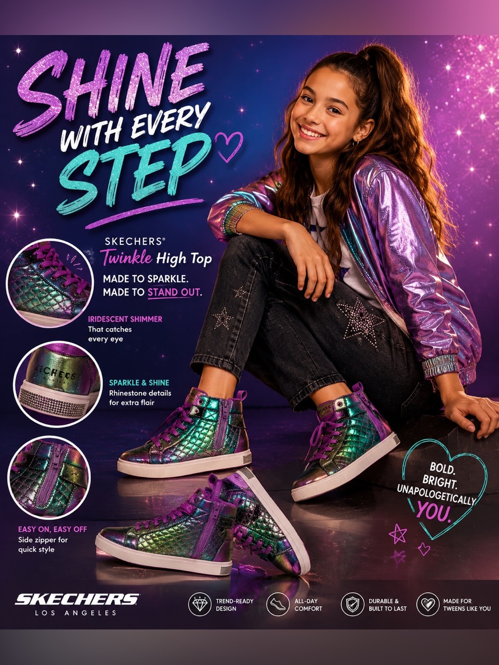 Skechers Twinkle High Top Sneakers - Iridescent Purple & Teal